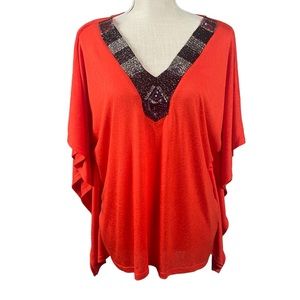 Soft Surroundings Red Beaded V-Neck Poncho Tunic Top- Size S/M